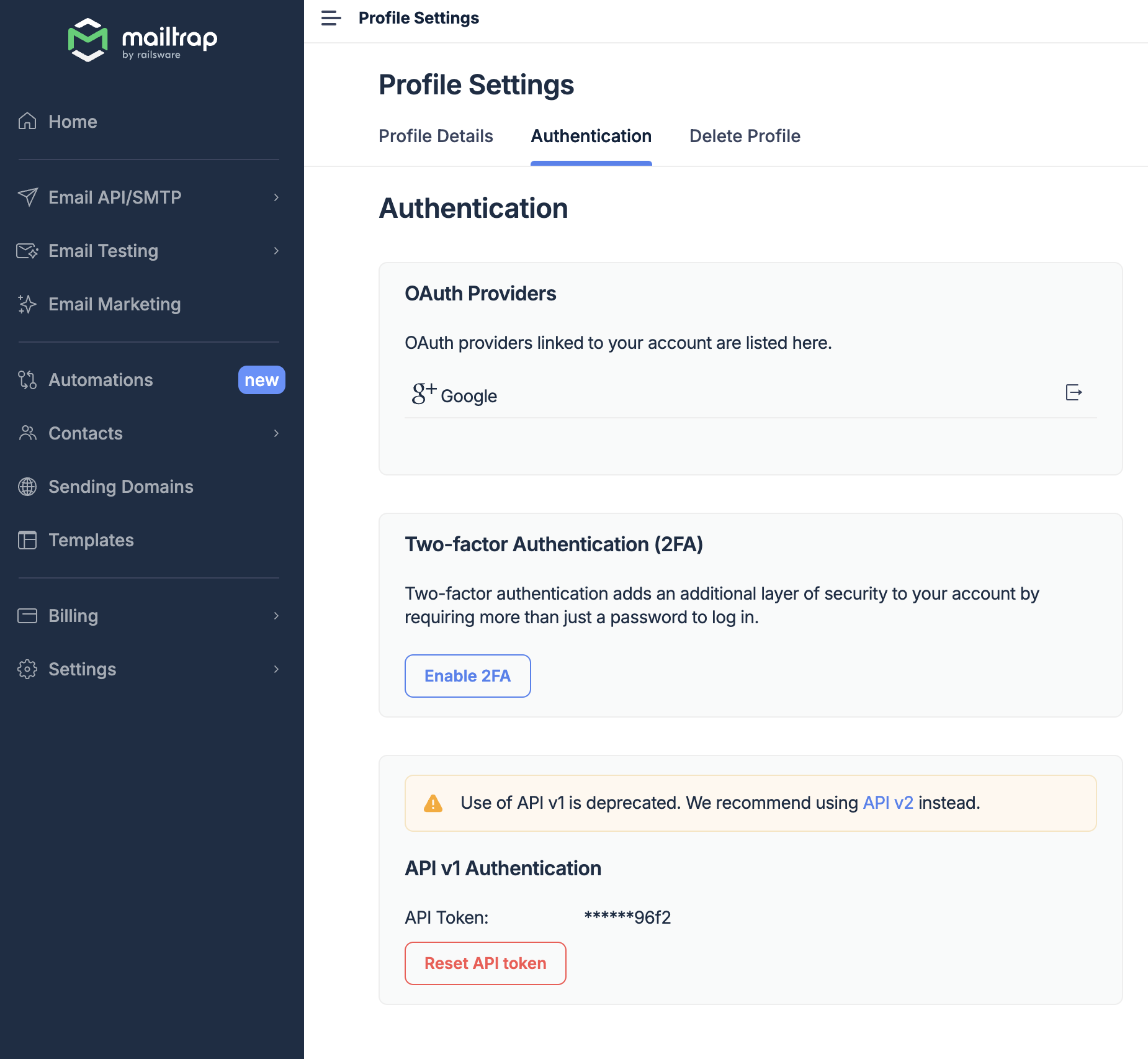 Mailtrap - Enable 2FA
